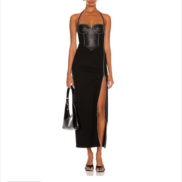 NWT Staud Women Hindley Corset Sexy High Slit Maxi Bodycon Dress Black Silver XL - Picture 2 of 11